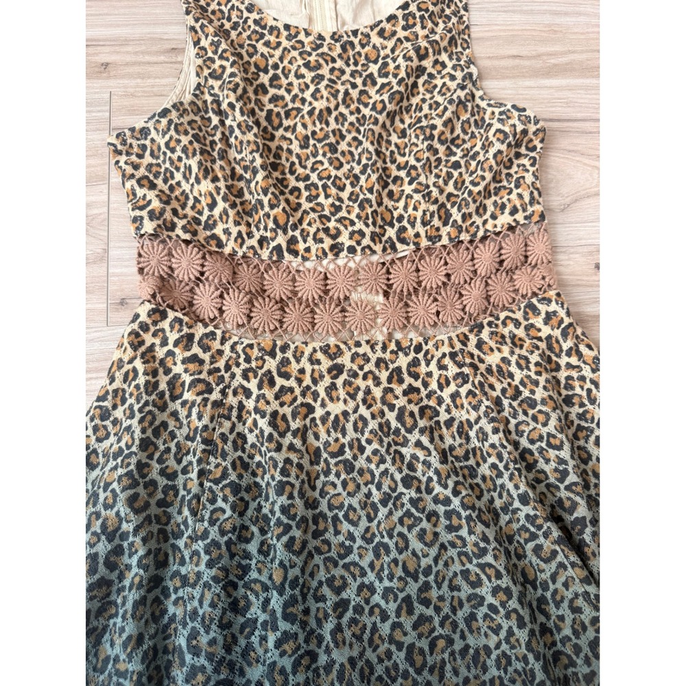 Free People Leopard Print Ombre Mini Dress Green Tan Crochet Waist 4 OB403212 - Picture 2 of 8